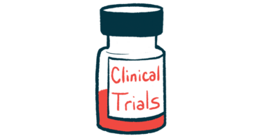 A half-full liquid prescription medicine bottle bears a label reading 'Clinical Trials.'