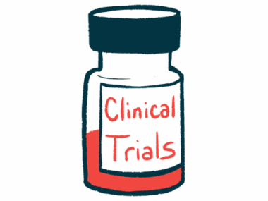 A half-full liquid prescription medicine bottle bears a label reading 'Clinical Trials.'