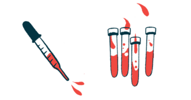 A dropper squirting blood is shown alongside four half-filled test tubes.