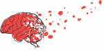 A brain is shown with bits breaking away, floating into the air, suggesting brain damage.