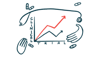 A pair of hands, a handful of oral medications, and a stethoscope frame a graph showing positive clinical trial results.