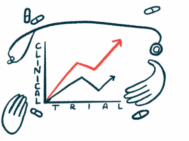 A pair of hands, a handful of oral medications, and a stethoscope frame a graph showing positive clinical trial results.