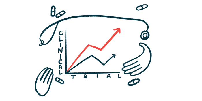 A pair of hands, a handful of oral medications, and a stethoscope frame a graph showing positive clinical trial results.