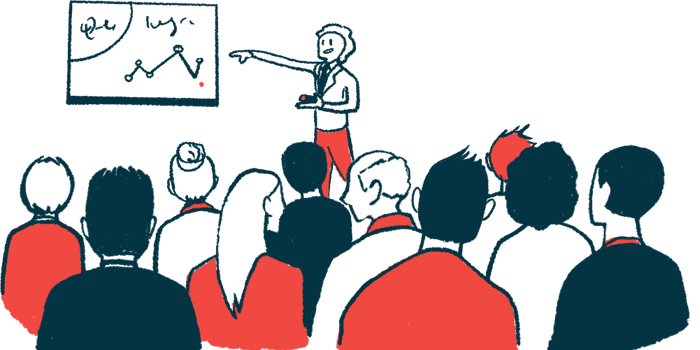 Illustration of person presenting charts in front of a crowd.