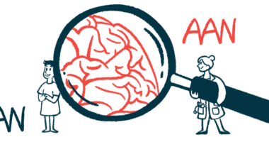 Aduhelm | Alzheimer's News Today | illustration of a magnifying glass hovering over brain tissue for AAN 2022