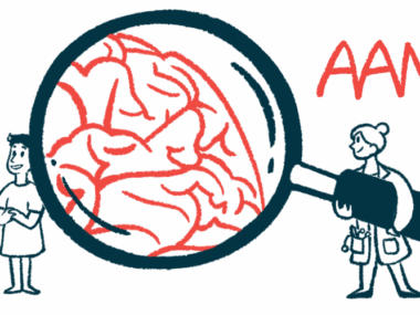 Aduhelm | Alzheimer's News Today | illustration of a magnifying glass hovering over brain tissue for AAN 2022