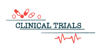 The words 'clinical trial' are seen in all capital letters, with a handful of oral medications to the top left and a heart rate graph to the bottom right.