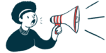 A person makes an announcement using a bullhorn.