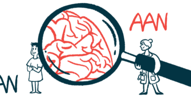 This illustration for the American Academy of Neurology's annual meeting shows a doctor holding a giant magnifying glass that highlights a patient's brain.
