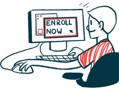 A man sits at a computer to enroll in a clinical study.
