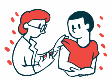 A clinician gives a patient a subcutaneous or under-the-skin injection.