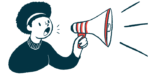 A woman uses a megaphone to make an announcement.