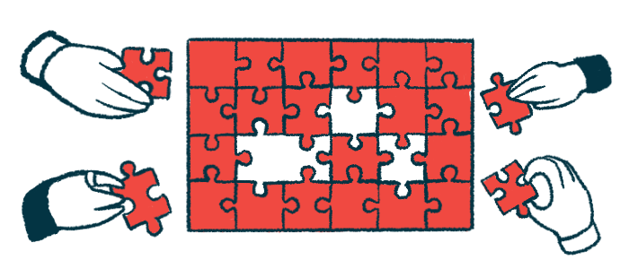 Four hands are shown putting pieces in a puzzle.