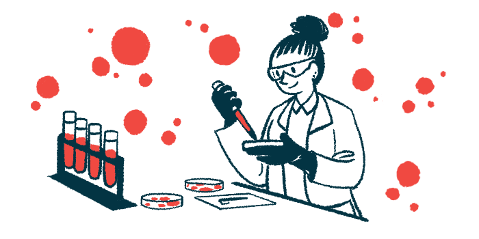 A researchers works with petri dishes in a lab, alongside a rack of vials filled with blood.