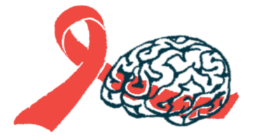 One tail of a giant awareness ribbon is seen swooping over an image of a human brain.