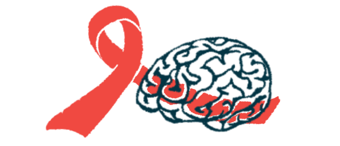 One tail of a giant awareness ribbon is seen swooping over an image of a human brain.