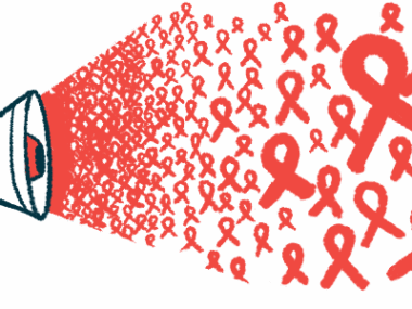 Multiple red awareness ribbons are seen coming out of a megaphone cone.