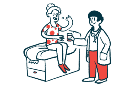 An illustration of a doctor giving a patient pills to take.