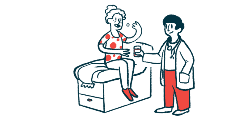 An illustration of a doctor giving a patient pills to take.