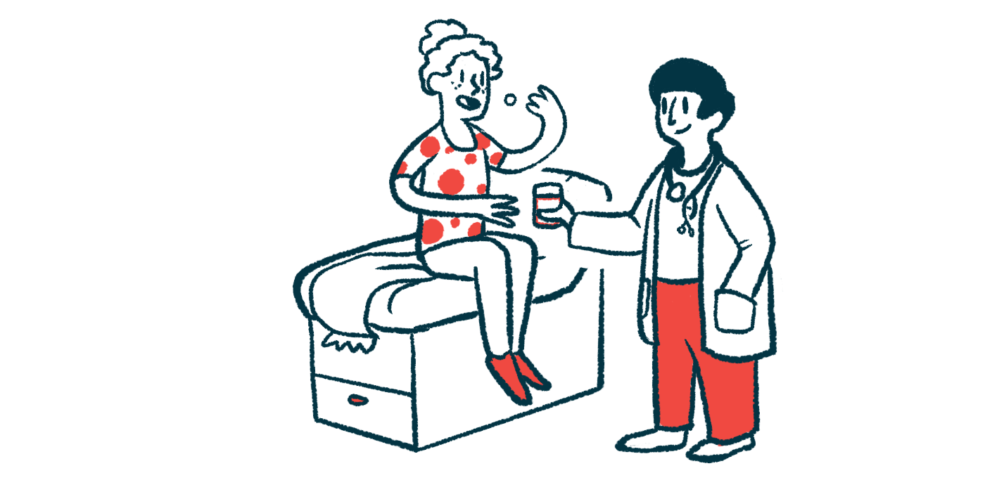 An illustration of a doctor giving a patient pills to take.